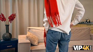 Vip4k. russian trampy dark haired is having Double Penetration joy in front of her hubby