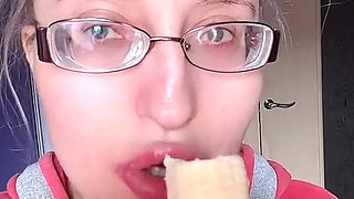 Asmr Eating Banana Pink Lipstick - Lip Fetish Food Fetish Lipstick Eyeglasses