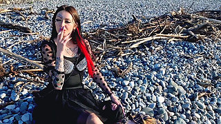 Femdom Session by the Sea. Smoking Fetish, Bootfetish, Footfetish, BDSM Flogging and Scratching