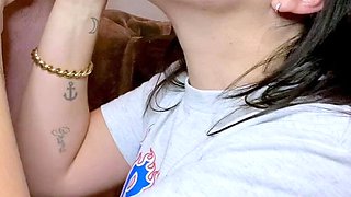 Busty brunette amateur jerking dick of lucky dude POV