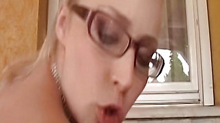 German blonde with Glasses sucks dick and rides it like a pro