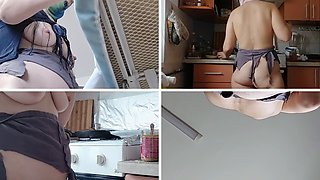 Sensual hairy brunette with huge tits gets naughty in the kitchen