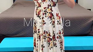 Long Floral Dress, White Toes and Tan Mule Heels Try on