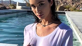 Busty curly brunette with big boobs fucks on couch