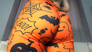 Indian big ass wife halloween  leggings doing camel toe pussy then masturbating and playing with her big tits