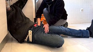 Blonde MILF Gives Plumber a Blowjob in the Kitchen