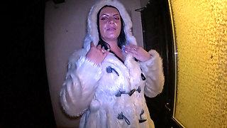 Risky Outdoor & Indoor Blowjob in Stockings & White Fur Coat - Messy Cum Finish 297