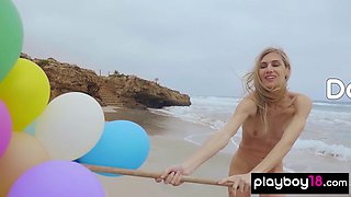 Italian mature blond plays with balloons