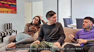 Bored wife starts sucking on the cock of the husband's friend during cinema night