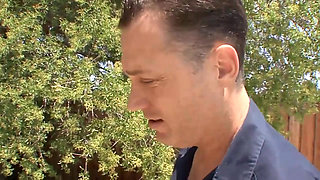 Cuckold looks at his cock slammed