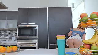 Lauren Phillips chugs down protein juice while taking a hard pounding from a big dick