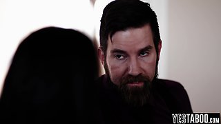 Full-bosomed gold digger fucks BF and stepdad