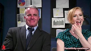 Blonde trans anal fucks bound boss in hairy ass