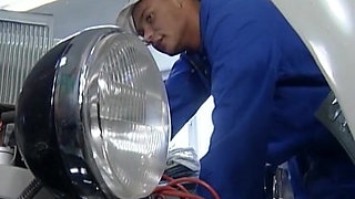 BBW German Slut Rides Dick in the Mechanic Salon