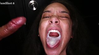 Girls sucking through a hole in the wall, swallowing cum in mouth