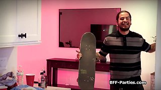 Asian girlfriends riding DILF penis after party