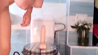 Busty Babe fucks a dildo in the bathroom