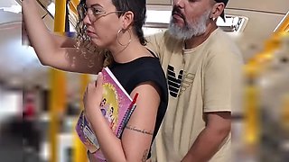 Young whore student gets fucked by an older guy right on the bus in public
