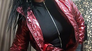 The Nympho Wife Plays with Her Camel-toe Jumpsuit and Put Some Cum on Her Shinny Red Down-jacket 230