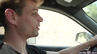 Babes hitchhiking with shemale dick out