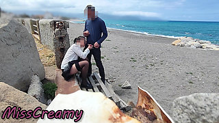 Dick Flash! Risky Blowjob on Beach: Stocking Teacher and Student Almost Caught! - MissCreamy
