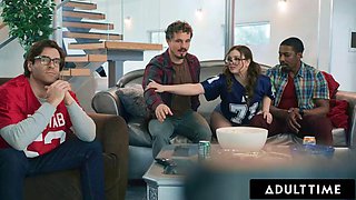 ADULT TIME - Naughty Leana Lovings ALMOST CAUGHT Riding Stepdads Best Buddies! OPEN MOUTH FACIAL