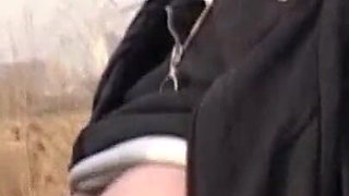 Old BBW chick sucks his cock outdoor in close up