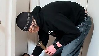 Fine looking lad strokes after probing stroking machine