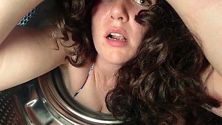 A hot brunette girlfriend gets stuck and banged in a washing machine