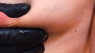Big Milk Boobs Milking in Leather Gloves