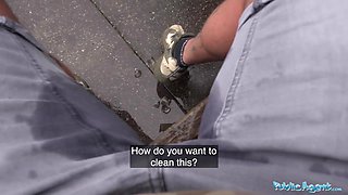 The waitress offers to fuck him in the toilet after making his pants a mess