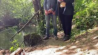 Hot MILF gives amazing handjob outdoors with big cumshot