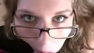 busty girl with glasses sucks and take a creampie