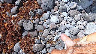 Short-haired tattooed girlfriend gives outdoor beach blowjob