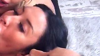 Skinny blonde and brunette suck big cocks and take facials