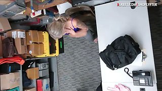 Hot blonde teen thief Emma Hix persuaded to fuck LP officer in LP office after being caught stealing merchandise