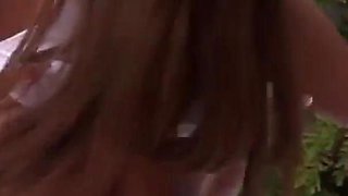 Lesbian and brunette teens fuck each other with toys in a threesome love encounter
