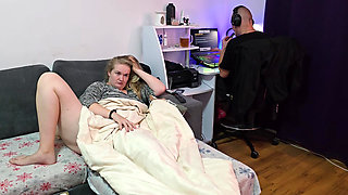 Horny Blonde BBW Wife Can't Wait for Her Husband to Stop Gaming and Makes Herself Cum