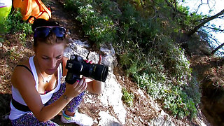 The young brunette slut gets her pussy stuffed on the beach