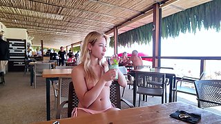 Beautiful teen showing off lovely natural tits in public