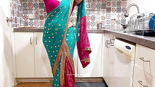 Indian Couple Romance in Kitchen - Saree Sensual Sex - Saree lifted up - Pussy, Boobs and Ass Play