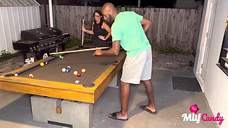 Big Ass Brunette MILF Samantha loses at Pool and takes long BBC - Big tits