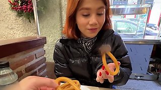 Cute Asian redhead makes friends with a stranger's big dick