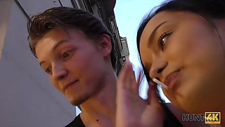 HUNT4K. Dark Hair Erica Black rides guy's rod in front..