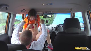 Busty blonde is publicly fucked in a car by a lustful inspector during a driving test.