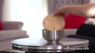 Wet then oily masseuse strokes hard knob