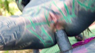 Tattooed couple anal fuck outdoors