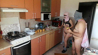 Hot amateur couple having fun in the kitchen. Sexy mom has breakfast in the bedroom, hairy, big, big ass