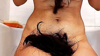 Amateur wife cuts her pussy hair. Hot brunette pussy hair, ass hair, big tits, big nipples