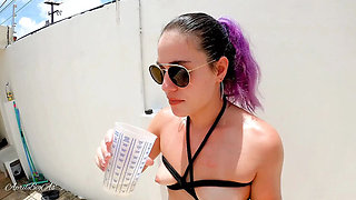 April BigAss Drinks Pee and Swallows Cum in Outdoor Garden Blowjob